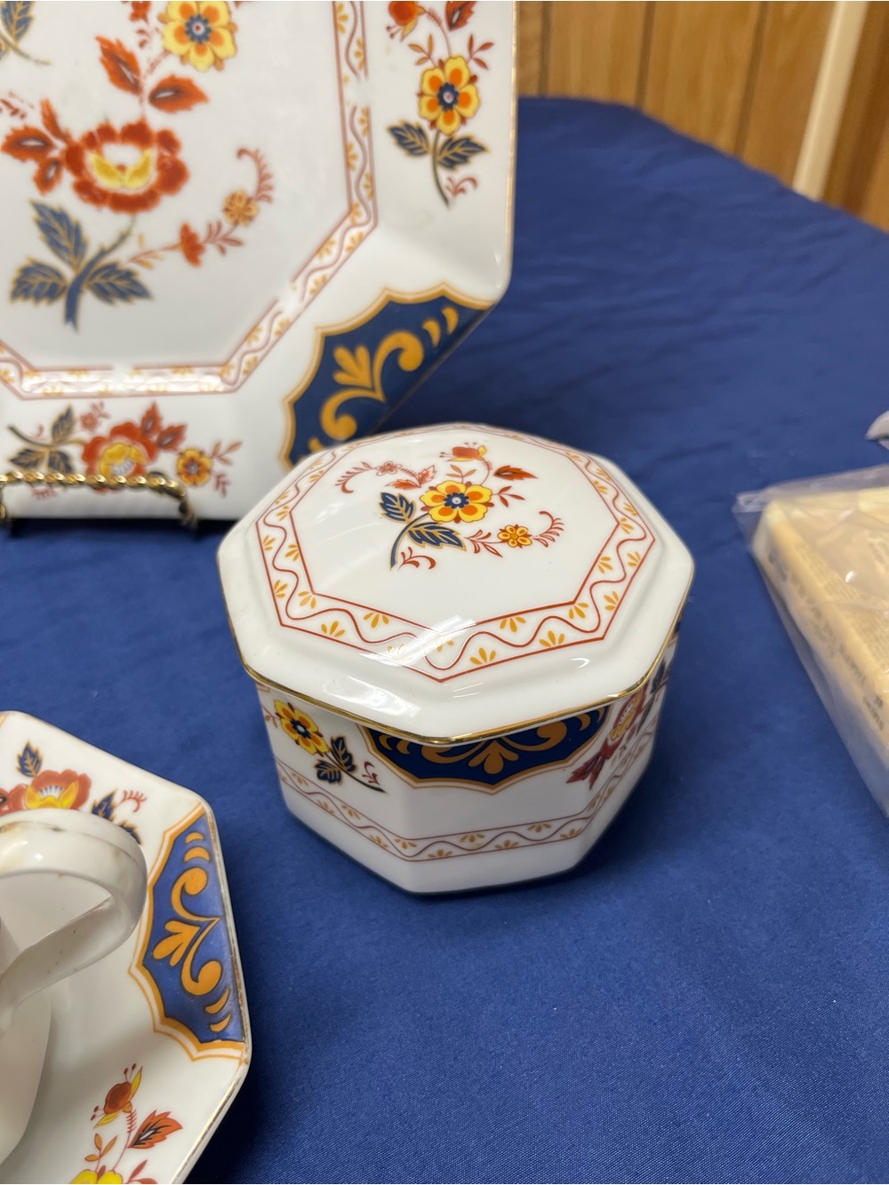 Mikasa Hexagonal Porcelain Trinket Box with Blue, Gold and Red Floral Accents